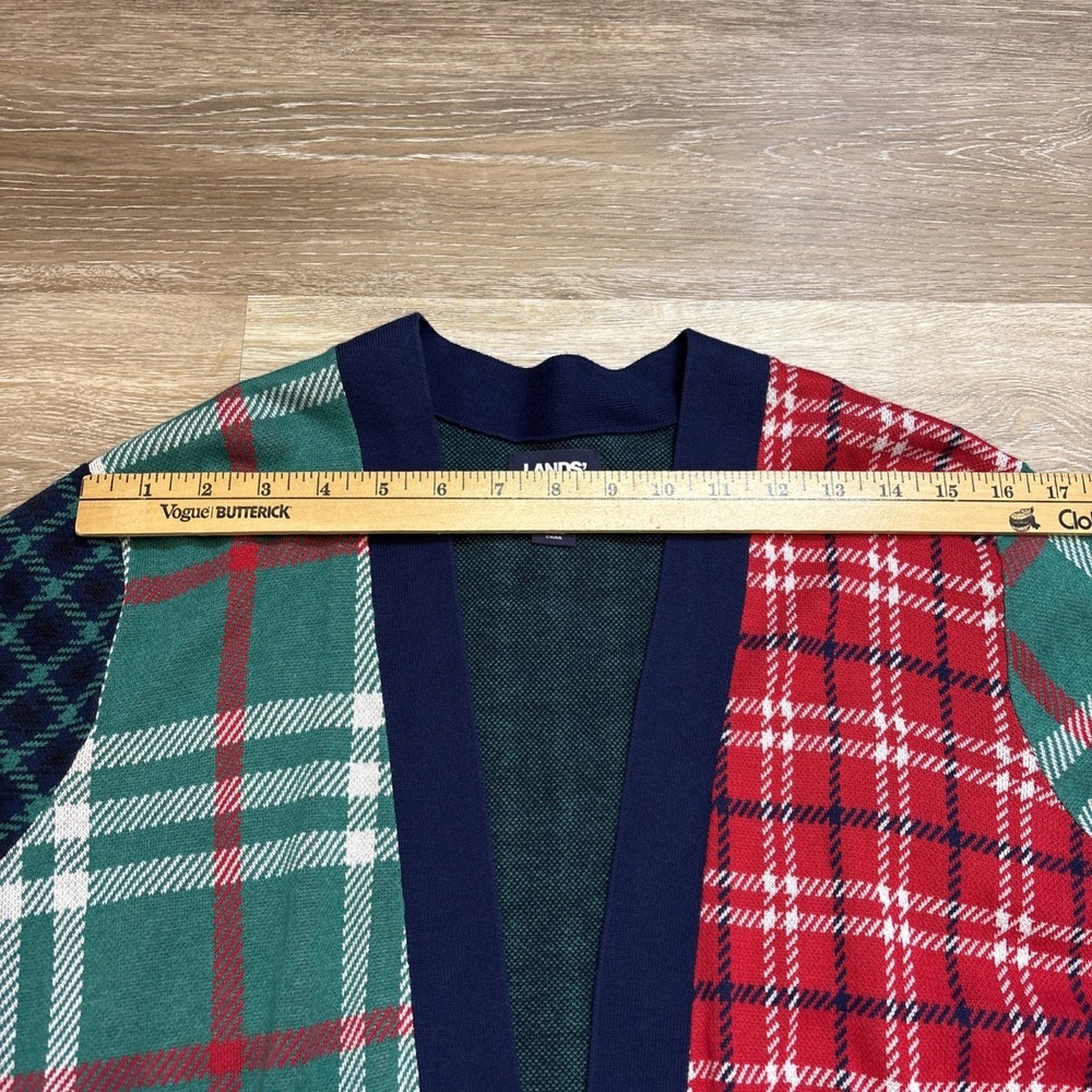 Lands' End Sweater Cotton Sz L 14-16 Red Green Open Cardigan Pockets Christmas - Picture 4 of 7